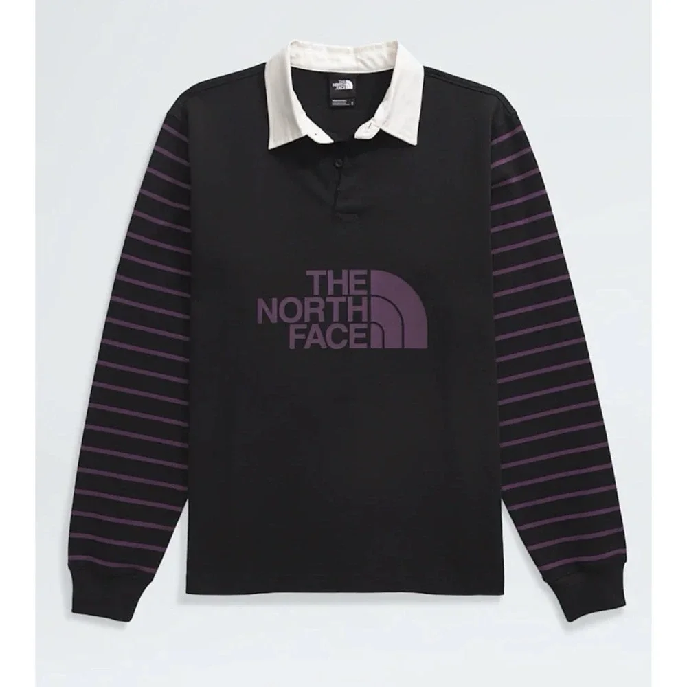 *NWT Men's MEDIUM The North Face Easy Rugby Long Sleeve Polo Black Purple Stripe